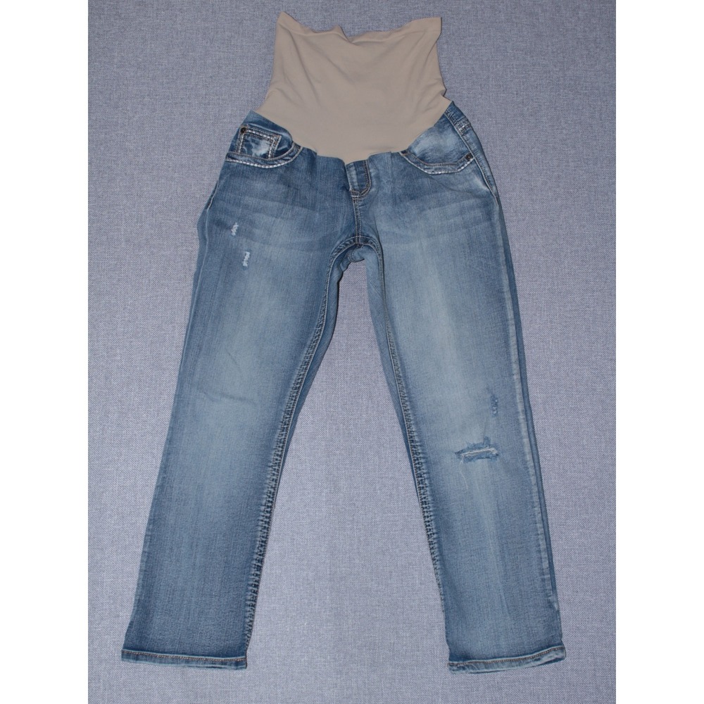Maternity Jeans Straight Leg Women Size Large Indigo Blue Distressed Over Belly